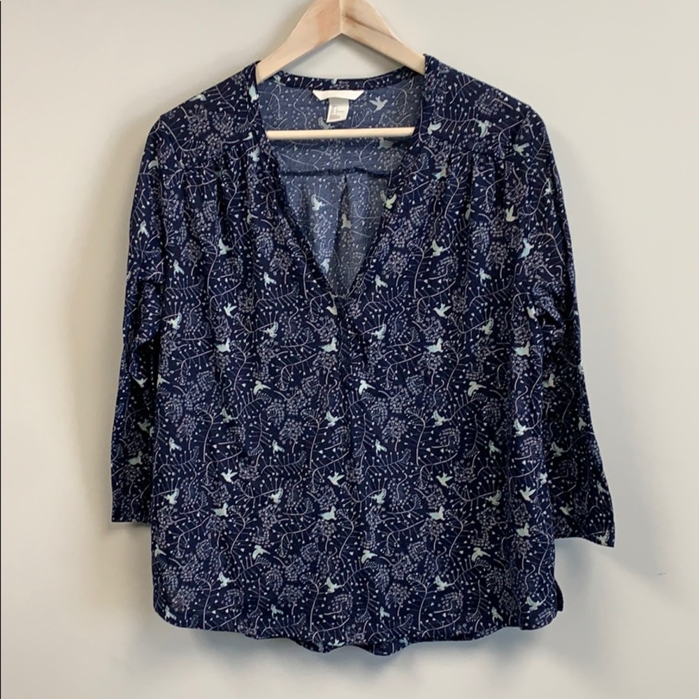 🛍H&M Navy Bird Print Long Sleeve Shirt